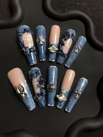 2026 Gothic charm finely crafted wearable nails, Valentine's Day long square press-on false nail set, handcrafted false nail pieces (size: S)